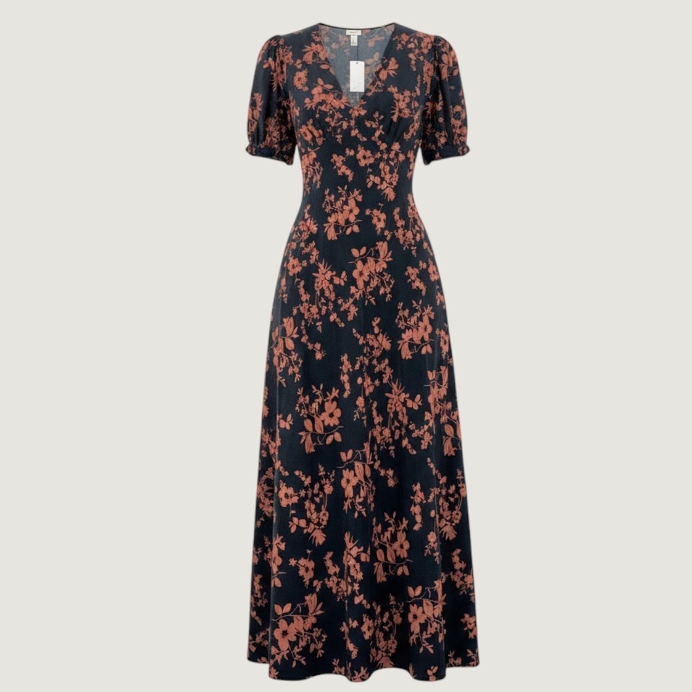 A New Day Floral Maxi Dress Women M Pink Boho V-Neck Short Puff Sleeve NWT Satin